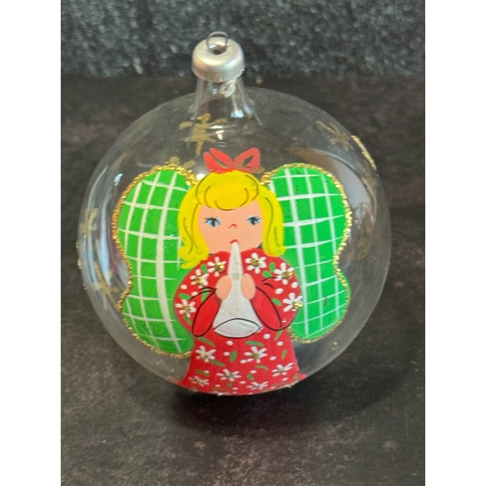 Vintage Soffieria De Carlini Italy Painted Angel Playing Trumpet Glass Ornament